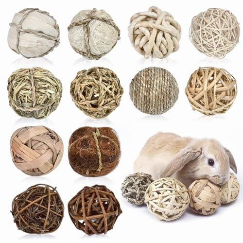 12 Stück Kaubälle Hasen Kaninchen Kauspielzeug Kleintiere Hamster Spielzeug | Hasen Grasball Weidenball Hasenspielzeuge, für Kleintieres Hamster Kaninchen Meerschweinchen Chinchilla (6.5-7cm)