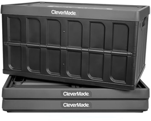 CleverMade 62L Collapsible Storage Bins with Lids - Folding Plastic Stackable Utility Crates, Solid Wall CleverCrates, 3 Pack, Charcoal