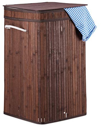 Relaxdays Cesto Portabiancheria bambù, Pieghevole, con Manici e Coperchio, Sacco Interno, 70 L, HxØ: 63x36 cm, Marrone