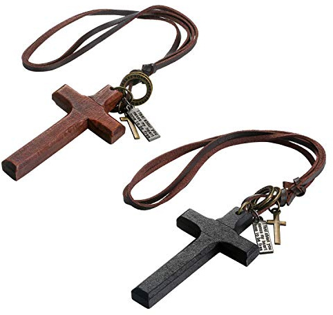 Flongo korshänge halsband, herr dam vintage träkors hänge halsband, justerbar bönkedja halsband för jul alla hjärtans dag, läder trä