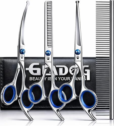 GLADOG Kit de Tijeras de Peluquería Canina 4 en 1 para Perros y Gatos, con Tijera Recta, Curva y Entresacar, Set Completo Casa, Punta Redonda, Acero Inoxidable 4CR con Titanio, Azul