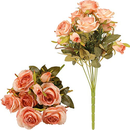 Tifuly 2 Pack Artificial Rose Bouquets, 16.9 inch Silk Roses Fake Flower 9 Branches 12 Heads Bouquet for Home Office Wedding Decoration, Floral Arrangement, Centerpieces(Champagne pink)