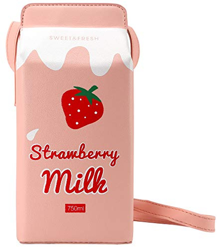QiMing Erdbeermilch Box CrossBody Portemonnaie-Tasche,PU-Handy-Schultertasche für Frauen Mädchen(CaoM)