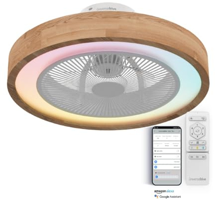 UNIVERSALBLUE Ventilador de Techo con Luz LED Multicolor y WIFI | Ventilador sin Aspas con Luz Regulable | Acabado en Madera | Alexa & Google Assistant
