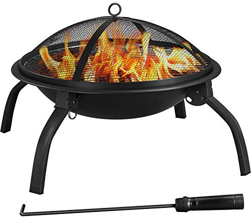 Yaheetech Outdoor Burning Fire Pit Fire Bowl with Mesh Lid/Wood Grate/Poker for Bonfire Camping/Patio Heating/BBQ 54 x 38.5cm (Dia. x H)