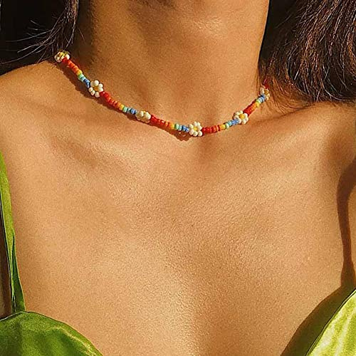 Carufin bohemisk färgglad blomma pärlhalsband tusensköna regnbåge pärlhalsband kort solros halsband strandsmycken för kvinnor och flickor (färgglad)