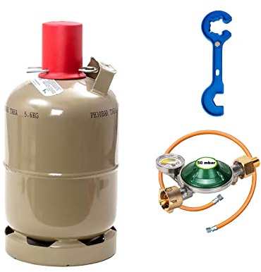 Bluecraft Propan-Gasflasche 5 kg leer, grau inkl. Schlauch 150cm, Manometerregler 50mbar und Gasreglerlöser mit Magnet + Schlüssel 17mm für Überwurfmutter 1/4