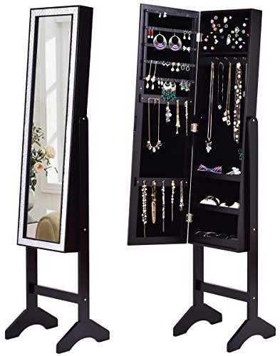 RELAX4LIFE Schmuckschrank, Schmuckregal mit verstellbarem Ganzkörperspiegel, Spiegelschrank für Ketten, Ohrringe und Kosmetik, Standspiegel mit Stauraum, Schminkspiegel, abschließbare Tür (Schwarz)