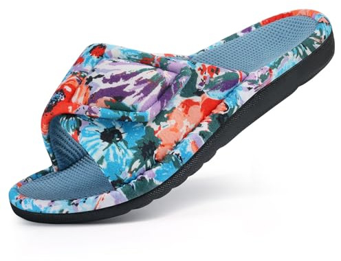 shevalues Summer House Slippers for Women with Arch Support Breathable Waffle Cotton Indoor Slippers Slip on Open Toe Home Shoes, Cyan Blue 39