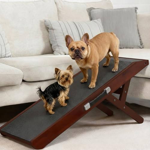 Rampa per Cani Piccoli o Grandi - Regolabile 18-53 cm - Per Letto e Divano - Legno di Betulla - La Piattaforma Si Collega Perfettamente - Rampa Pieghevole - Noce