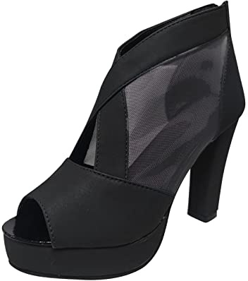 Women's Mesh Platform Chunky Heeled Peep Toe Heel Ankle Boots-CLEARANCE Black 4.5