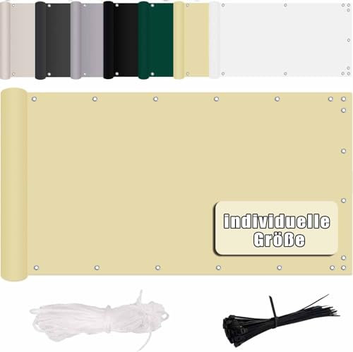 MENGH Balkon Sichtschutz Ohne Bohren Wind- und UV-Schutz,160g/m², Mit Montagezubehör, 100% Polyester, für Balkongeländer, Terrasse & Garten - Beige 120x1900cm