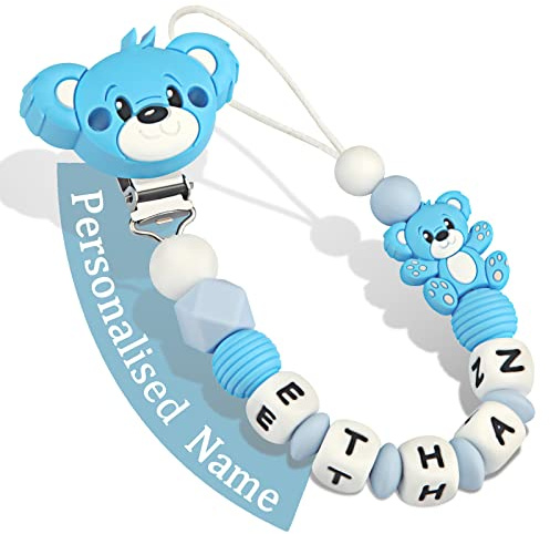 Kowlone Schnullerkette mit Namen Jungen mädchen Personalisiert Teddy Bär Schnuller Clips Halter(Blau)