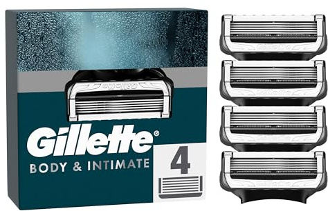 Gillette Body and Intimate Razor Blades Men, 4 Razor Blade Refills with Lubrastrip, Formulated for Pubic Hair, Gentle and Easy to Use, Dermatologist Tested