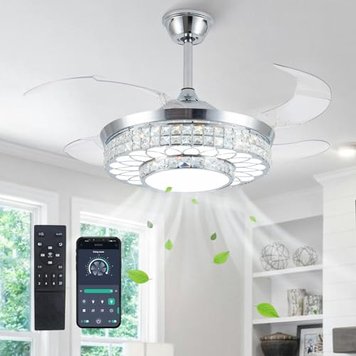 SAMPHON 42 Retractable Ceiling Fans with Lights, Crystal Chandelier Ceiling Fan with Remote & APP Control, Modern Dimmable LED Fandelier for Living Room, Dinning Room, Bedroom (Silver)