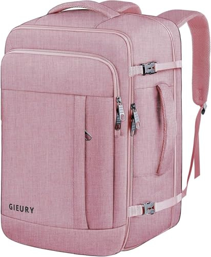Gieury Handbagage-ryggsäck för kvinnor, 50 l reseryggsäck flyggodkänd, expanderbar ryggsäck för flygplan, 17 tums bärbar ryggsäck, bagage resväska dagväska lätt affärer weekendväska, rosa