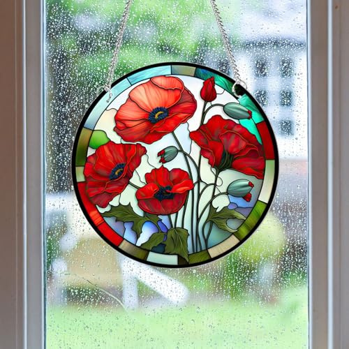 HOTIYOK Große rote Blume Acryl Fensterbehang gebeizte Fenster- und Wanddekoration mit Kette für drinnen und draußen, ideales Einweihungsgeschenk, Heimdekoration für Oma, Ehefrau, Lehrer,