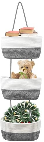Ueiwffzo Hängeorganizer Organizer Wand, 3 stufiger Hängekorb aus Baumwollseil gewebt, Hängende Tasche Aufbewahrungstasche für Schlafzimmer, Wohnzimmer (Weiß+Dunkelgrau)