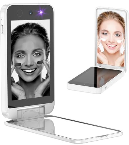 Vanexiss Specchio da viaggio compatto con fotocamera UV, specchio cosmetico da 10 cm, ricaricabile, supporto da tavolo, bianco