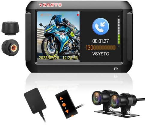VSYSTO Motorcycle Dash Camera, Phone Assistant Mode, Parking Monitoring, WiFi 4 Screen GPS HD 1080P 150° Wide Angle SONYIMX307 Front and Rear Camera, Tire Pressure Sensors, Temperature Display