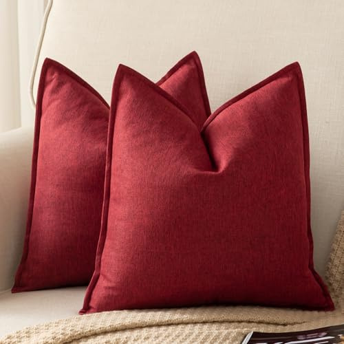 Yaertun 2er Set Leinen Reine Farbe dekorative Kissenbezug Moderne Kissenbezüge Schlafzimmer Sofa Wohnzimmer Dekokissen Bett Kissenhülle Sofakissen 40 x 40 cm Weinrot