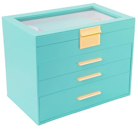 BOOVO Schmuckkästchen für Frauen, weiß und schwarz, 6-lagig, große Schmuckschatulle für Halskette, Armband, Ohrringe, Ringe, Schmuckhalter, Organizer für Mädchen, Geschenk (Türkis, 4 Ebenen)