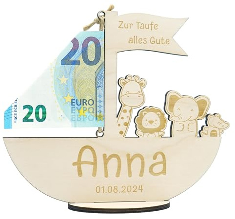 Gravuleo - Geschenk Taufe Boot personalisiert mit Name und Datum, Geldgeschenk zur Geburt, Kommunion, Geburtstag, Holz graviert