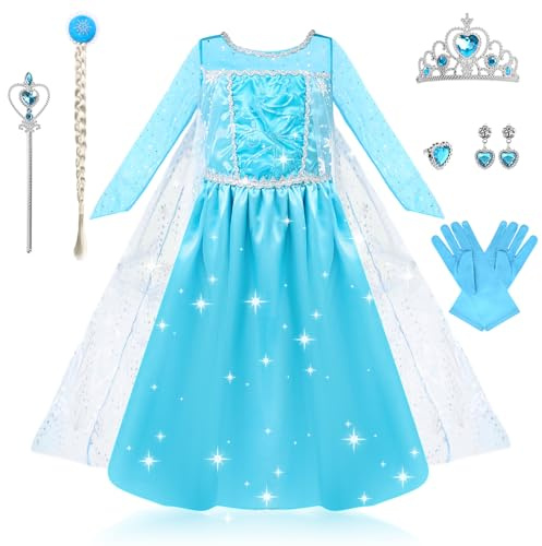 LUKYLUM Prinzessin Kostüm für Mädchen, Kinder Prinzessin Kleid Mit Krone Zauberstab, Prinzessinnenkleider für Geburtstag Verkleidung Party Hochzeit Karneval Cosplay Weihnachten, Blau 110