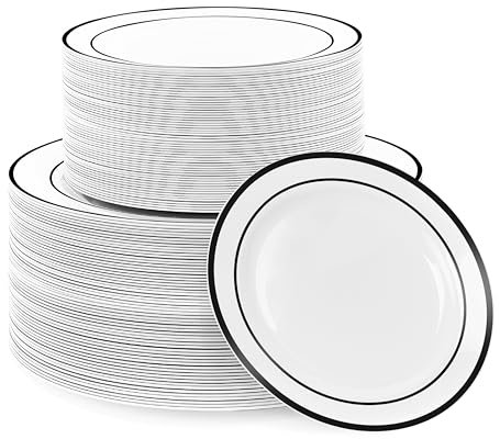 MATANA 120 Premium White Plastic Plates with Black Rim - 60 26cm Dinner, 60 19cm Side Plates - Elegant, Unbreakable & Reusable for Weddings, Birthdays, Picnic, Parties