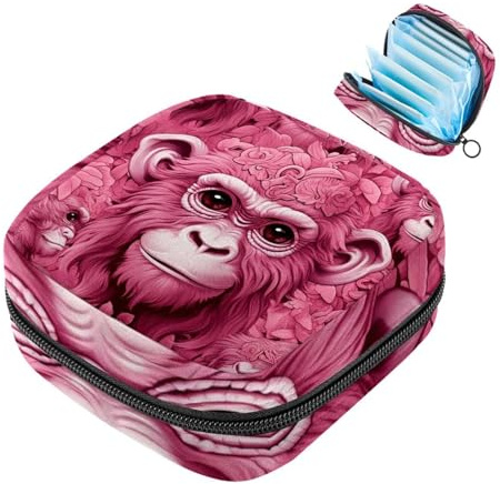 Pink Monkey Orang-Utan-1987 Erste Periode Kit für Mädchen, Tampon-Slipeinlagen, Menstruations-Geldbörse, Stilleinlagen-Halter mit Reißverschluss, hygienischer Serviettenbeutel-Organizer