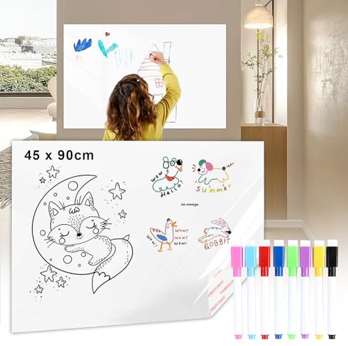 Joaecosmhui Whiteboard Selbstklebend 45x90cm - Nicht Magnetisch, Abwischbare Tafel für Kühlschrank & Büro - Leicht Zugeschnitten, Wiederbeschreibbar (1 Stück Whiteboard Folie + 8 Marker mit Schwamm)