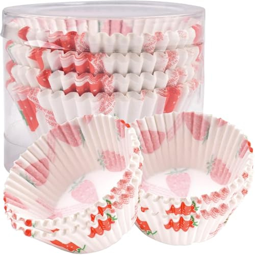 Cupcake Liners zum Backen, 100-Count fache Lebensmittelqualität Cupcake Tassen Standard Geruchsneutrale Muffin Backformen Cup Cake Wrappers, Antihaft-Erdbeer Druck Backformen Papier für Hochzeit Gebur