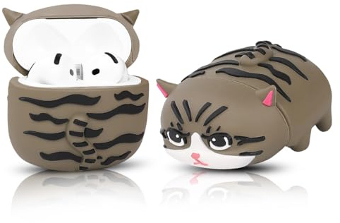 LEWOTE Compatibile con Apple Airpods 4 Custodia protettiva divertente Carino 3D Cartone animato Cover Copertura con portachiavi[Serie Papa] (Grigio Gatto)
