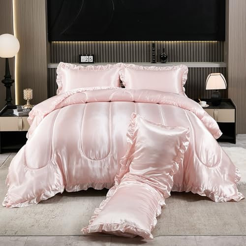 Rosa Queen-Bettwäsche-Set, seidenähnliches Satin, 4-teilig, Hotel-Bettwäsche-Set, weiches Polyester-Satin, luxuriöser seidiger Körper-Kissenbezug, Rüschen, Daunendecke, Heimdekoration