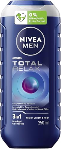 NIVEA MEN Total Relax Duschgel, pH-hautneutrale Pflegedusche mit Zedernholzduft für Männer, entspannende Formel mit Lavendelöl für Körper, Gesicht und Haar (250 ml)