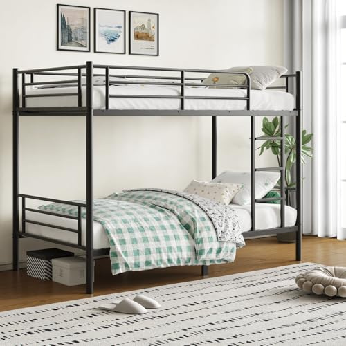QUJEON Bunk Bed Twin Over Twin for All Ages with Ladders and Guardrail,Sturdy Literas Heavy Duty Metal Slats,400 lbs Capacity,No Spring Box Required,Black