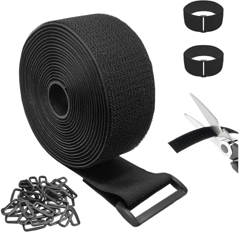 5cm x 5m Heavy Duty Hook and Loop Straps with 25 Buckles, Adjustable Cable Straps, Reusable Black Fastening Cable Ties, Extra Strong Cable Management for Home/Office/Garden, Free Cut Length