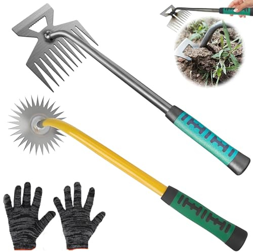 Unkrautstecher mit Stiel,2 Stück Unkrautzieher mit Handschuhe,10 Zähnen 2in1 Unkraut Entferner, Sonnenblumenkopf Typ Unkraut Entferner Gerät,Gartenhacke mit Stiel,Harke Garten mit Stiel für Graben