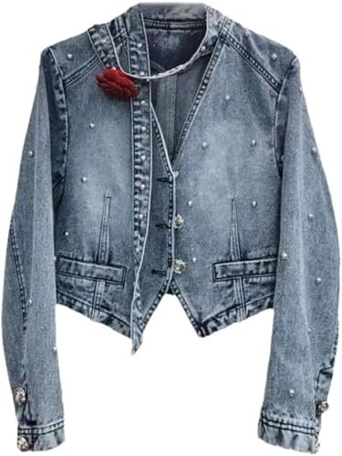 Elegante Retro Jeansjacke Mit V-Ausschnitt Und Nieten Im Punk Stil Für Damen Y2K Mode Schmal Schick Mit Knöpfen Lässig Street-Trend (Blau,S)