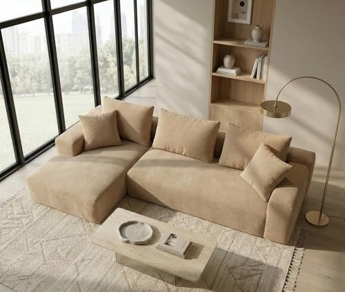 Galyar Chic, Modulares Ecksofa mit Schlaffunktion aus komprimiertem Schaumstoff, 3-Sitzer L-Form Couch mit Hocker, Lieferung ohne Montage (Cordstoff in Beige, Rechts Chaiselongue)