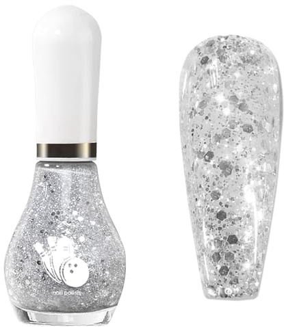 Silver Glitter Nail Polish - Clear Glitter Nail Varnish - 12ml Sparkly nail polish Quick Dry - No Bake 60 Seconds Nail Varnish - Shimmer nail polish Reflective Gloss, Breathable, No Chip Long Last