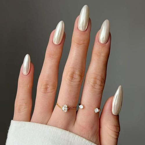 LunarCharm 24 Stück Mandelförmige Press-on-Nägel, mit Gelkleber-Pads, mittellang Chrom-Klebenägel, galvanisiertes Design, klassische Acryl-Kunstnägel glänzend