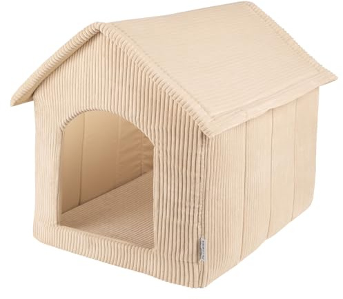 Petsona Hundehütte Rippenstrickstoff Waschbarer Bezug Reißverschlussdach, Beige,XL