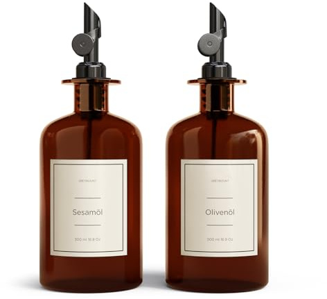 Greymount ® Essig und Ölflaschen Set - 2er Pack Ölspender 500ml | Ölflasche aus Braunglas mit Ausgießer Schwarz für Olivenöl, Essig und mehr | Perfekt für Kochen, Salate und BBQ