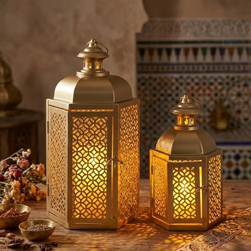 JHY DESIGN Set mit 2 Vintage Laternen 38 cm und 28 cm Hoch Marokkanischer Stil Dekorative Kerzenlaternen für Ramadan Garten Veranda Regal Indoor Outdoor Partys Hochzeiten Events Gold