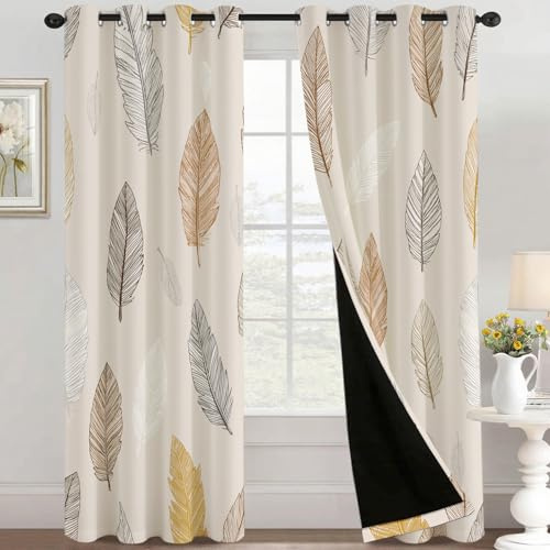 Generisch Blickdichte Vorhänge Feder Motiv, Verdunklungsvorhänge mit Ösen H 245 x B 140, 2er Set, Boho Gardinen Wohnzimmer Schlafzimmer Deko, Thermovorhang HI125