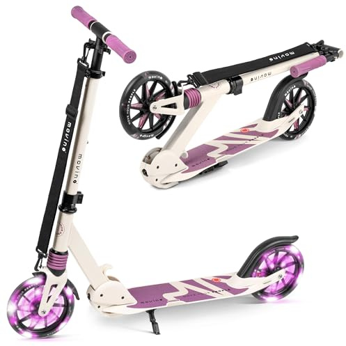 Movino Patinete para Niños Adultos y Adolescentes hasta 100 kg - Scooter Plegable Urbano - Ruedas LED Grandes 180 mm - Manillar Ajustable - City Light Beige-Violeta