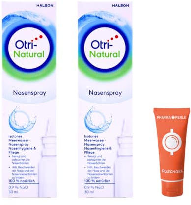 OtriNatural Nasenspray 30 ml | Isotone Meerwasserlösung 0,9% | 100% natürlich | Meerwasser Nasenpflege für tägliche Nasenhygiene | Konservierungsmittelfrei | mit Pharma Perle Duschgel (2x)
