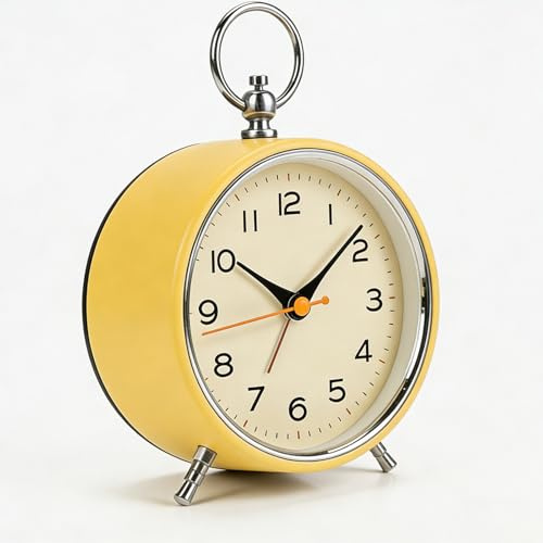 Bcuuozeeing Retro väckarklocka analog utan tickande, 10 cm rund analog väckarklocka för sovrum, hög väckarklocka för djupsömnare, barn, seniorer, batteridriven, nattlampa snooze (gul)