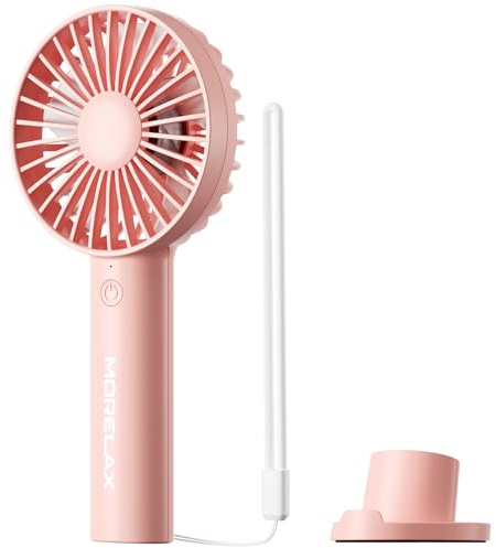 Morelax Handheld Fan, USB Rechargeable Mini Portable Fan with Base, 10H Battery, Strong Wind, Small & Powerful, Cute Design for Travel, Makeup, Girls Women Summer Gift (Pink)